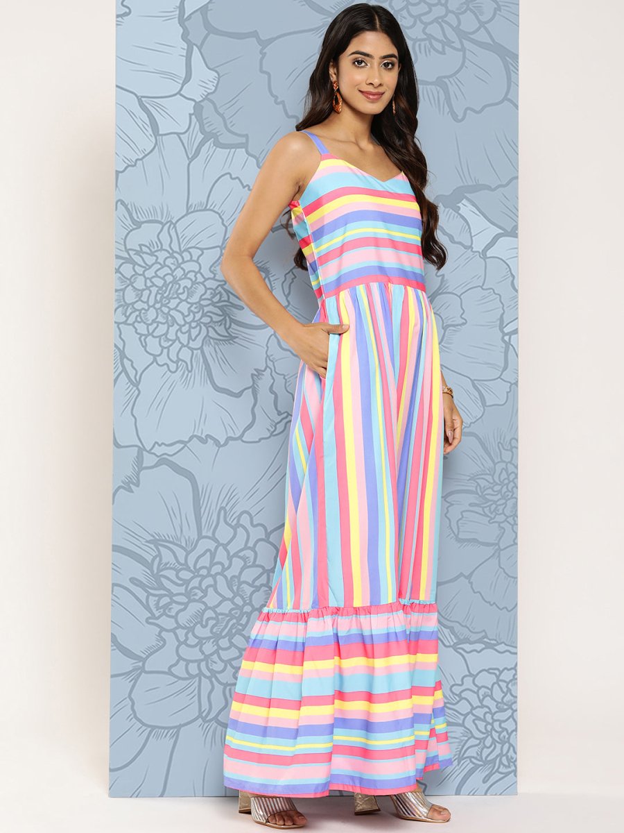 Ahalyaa Striped Crepe Maxi Ethnic Dress - Distacart