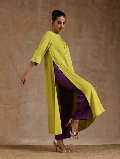 trueBrowns Lime Modal Satin Neck Pleat Kurta Set - Distacart