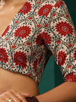 Thumbnail for trueBrowns Ivory Red Circle Floral Muslin Silk Printed Deep V-Neck Blouse - Distacart