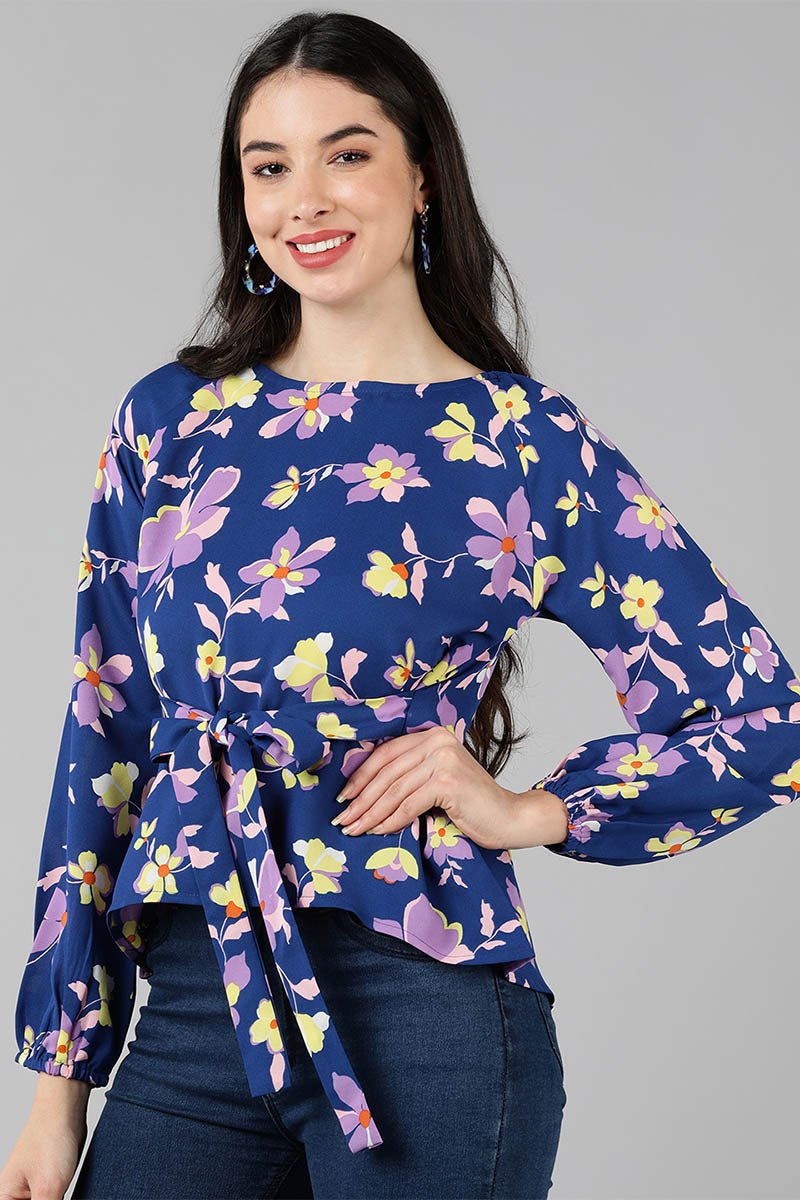Ahika Navy Blue Georgette Floral Print Top