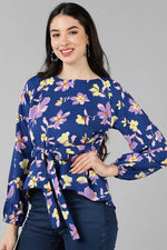 Thumbnail for Ahika Navy Blue Georgette Floral Print Top