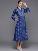 Thumbnail for Ahalyaa Floral Print Midi Pure Cotton Ethnic Dress with Lace Inserts Detail - Distacart