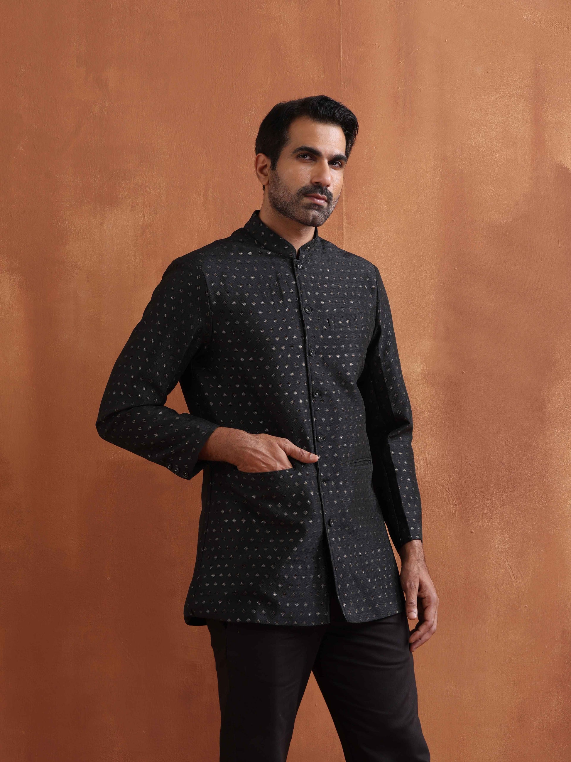trueBrowns Men's Black Chanderi Long Jacket - Distacart