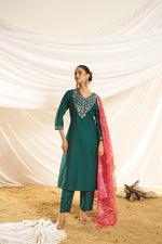 Thumbnail for BulBul Women Green Embellished Premium Silk Straight Suit With Dupatta