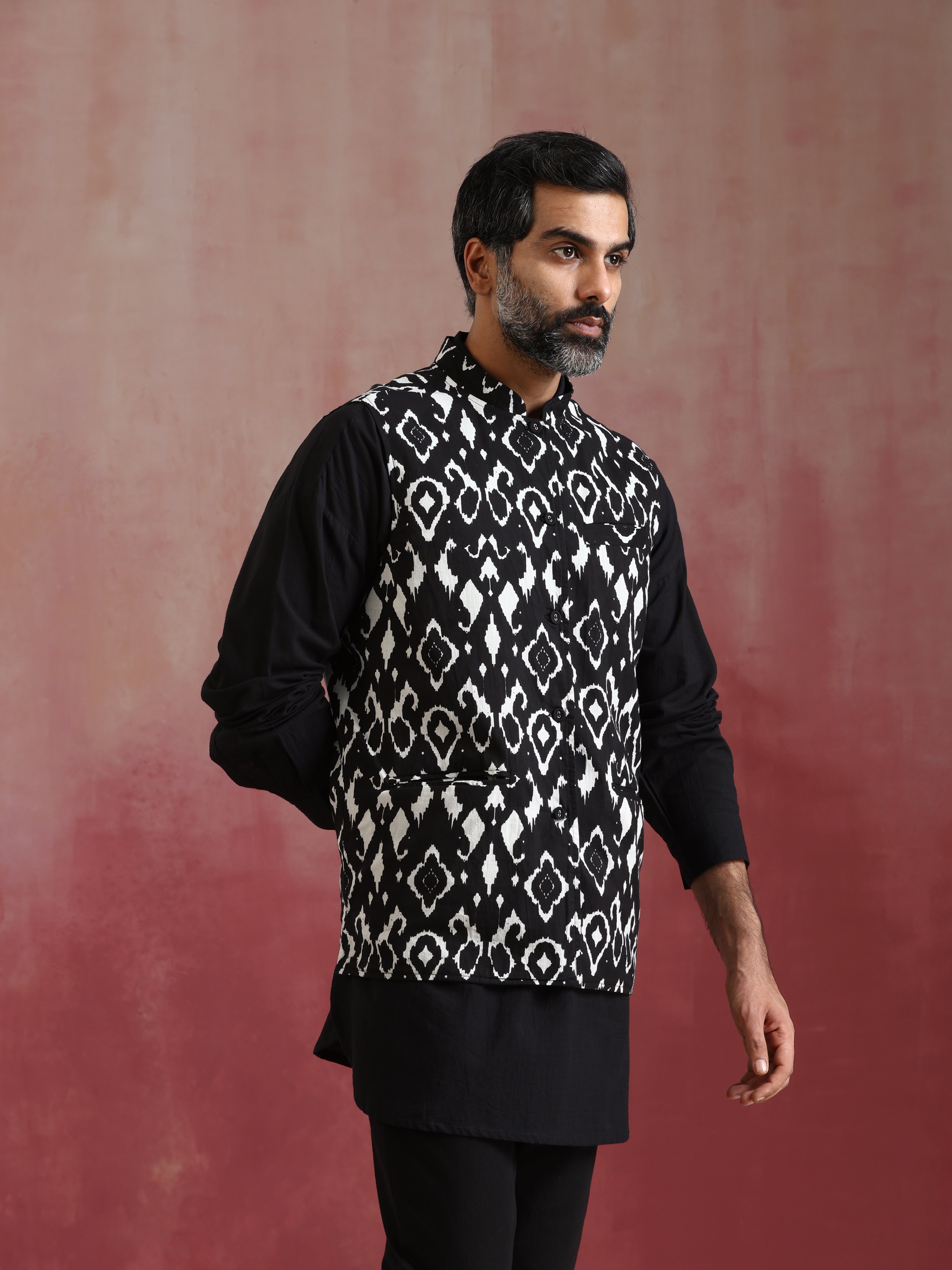 trueBrowns Men's Black Ikat Print Cotton Reversible Nehru Jacket