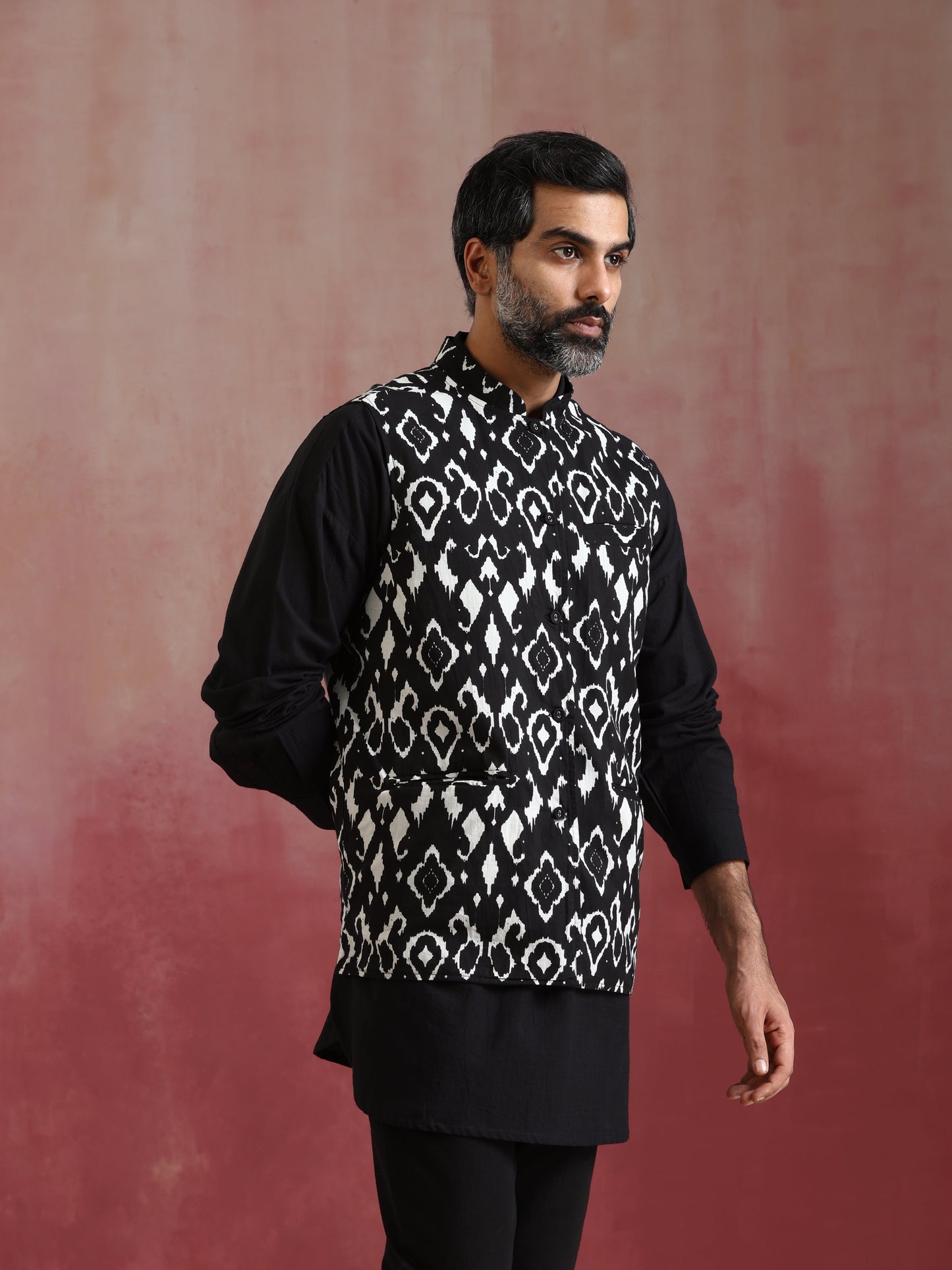 trueBrowns Men's Black Ikat Print Cotton Reversible Nehru Jacket - Distacart