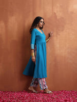 Thumbnail for trueBrowns Blue Cotton Flared Anarkali Kurta Set - Distacart