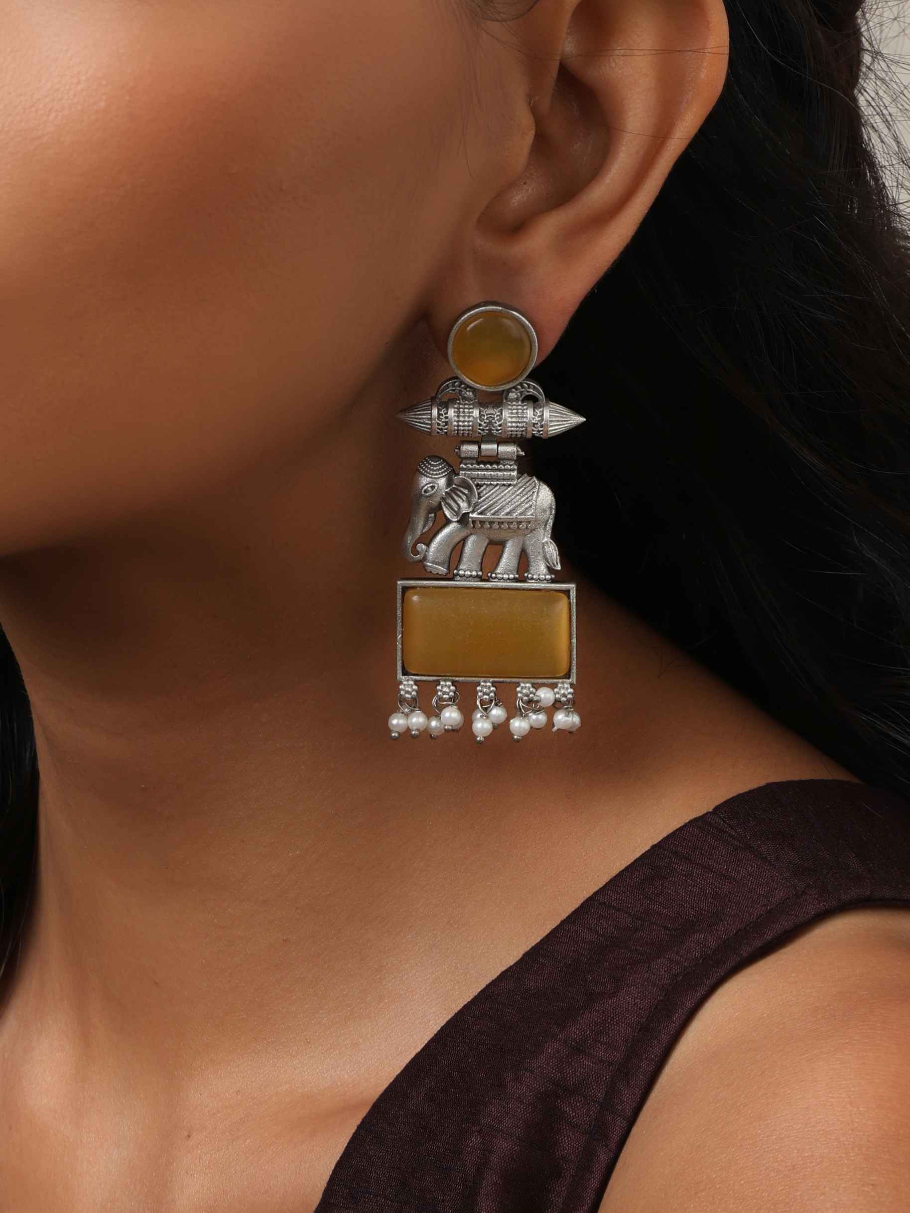 trueBrowns Silver Tone Yellow Stone Earrings - Distacart