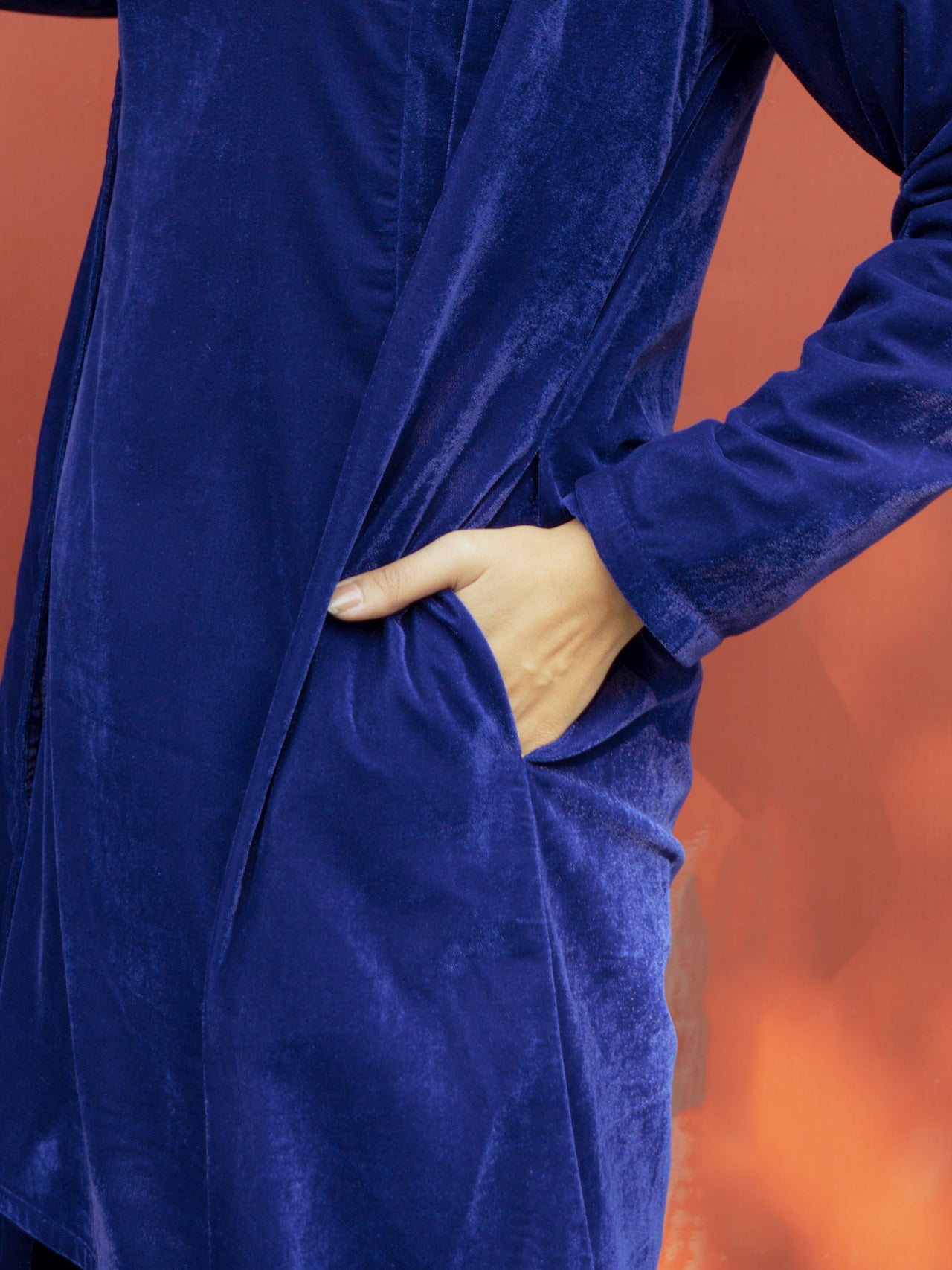 trueBrowns Blue Solid Velvet Overlay Jacket - Distacart