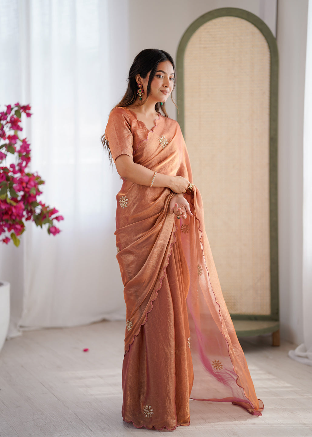 Evanik Designer Heavy Fendy Satin With Beads Embroidered Work Saree With Unstitched Blouse