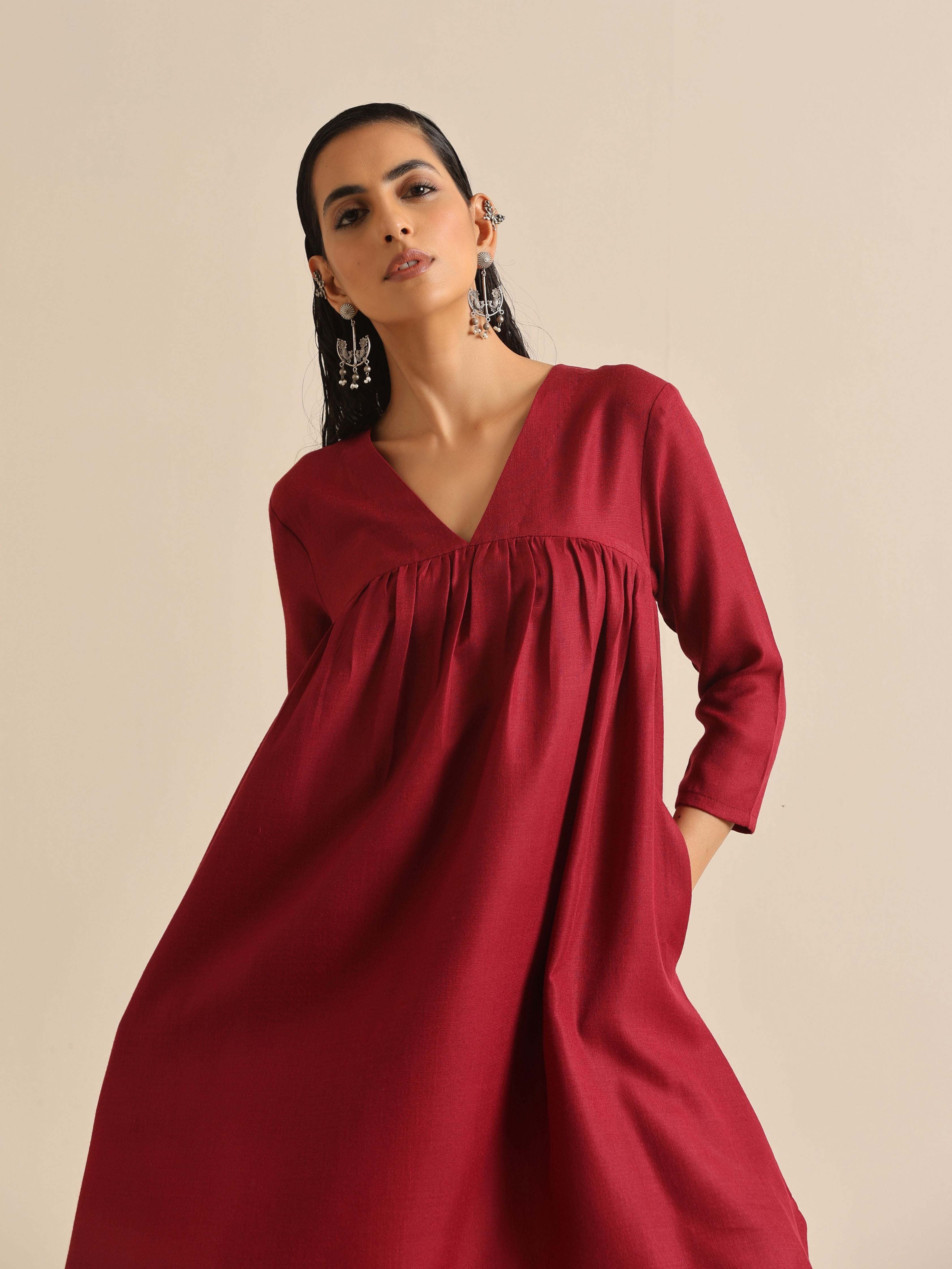 trueBrowns Maroon Slub Gathered Kurta Pant Set - Distacart