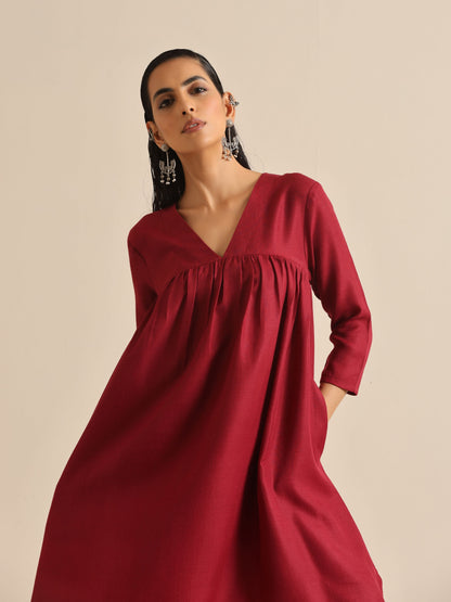 trueBrowns Maroon Slub Gathered Kurta Pant Set - Distacart