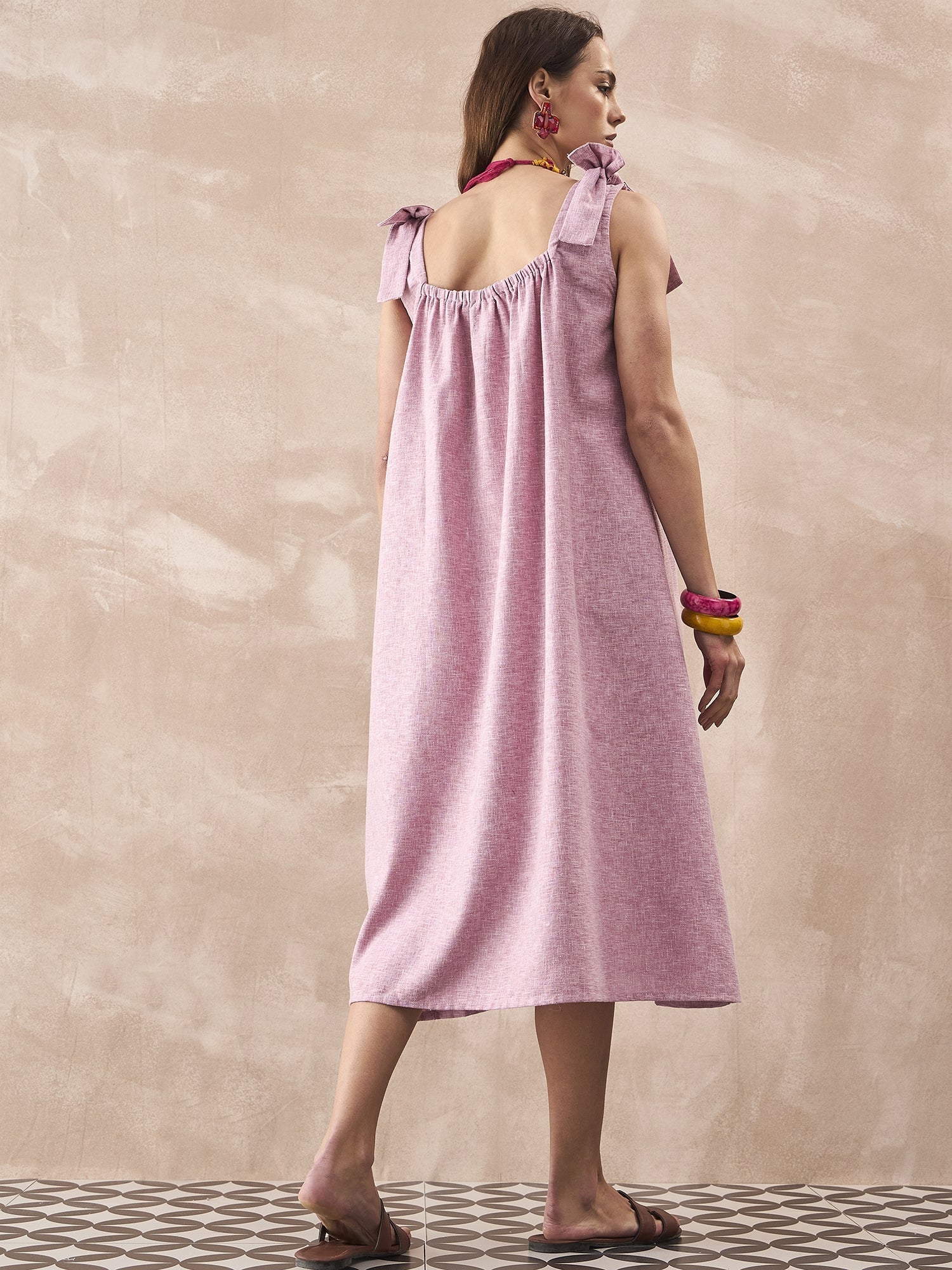 InWeave Dull Pink Linen Round Pleat Bow Dress - Distacart