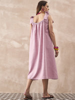 Thumbnail for InWeave Dull Pink Linen Round Pleat Bow Dress