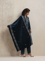 Thumbnail for trueBrowns Blue Velvet Embroidered Kurta Pant Dupatta Set - Distacart