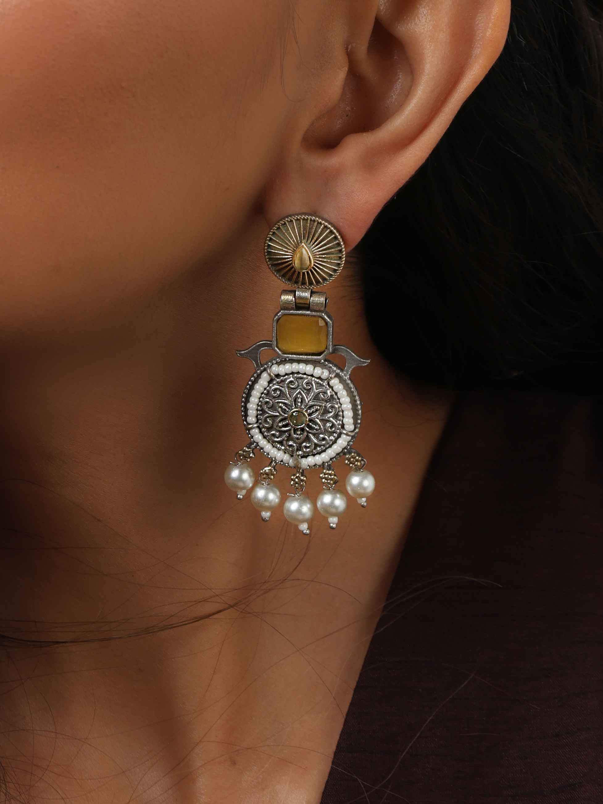 trueBrowns Silver Gold Tone Meenakari Pearl Drop Earrings - Distacart