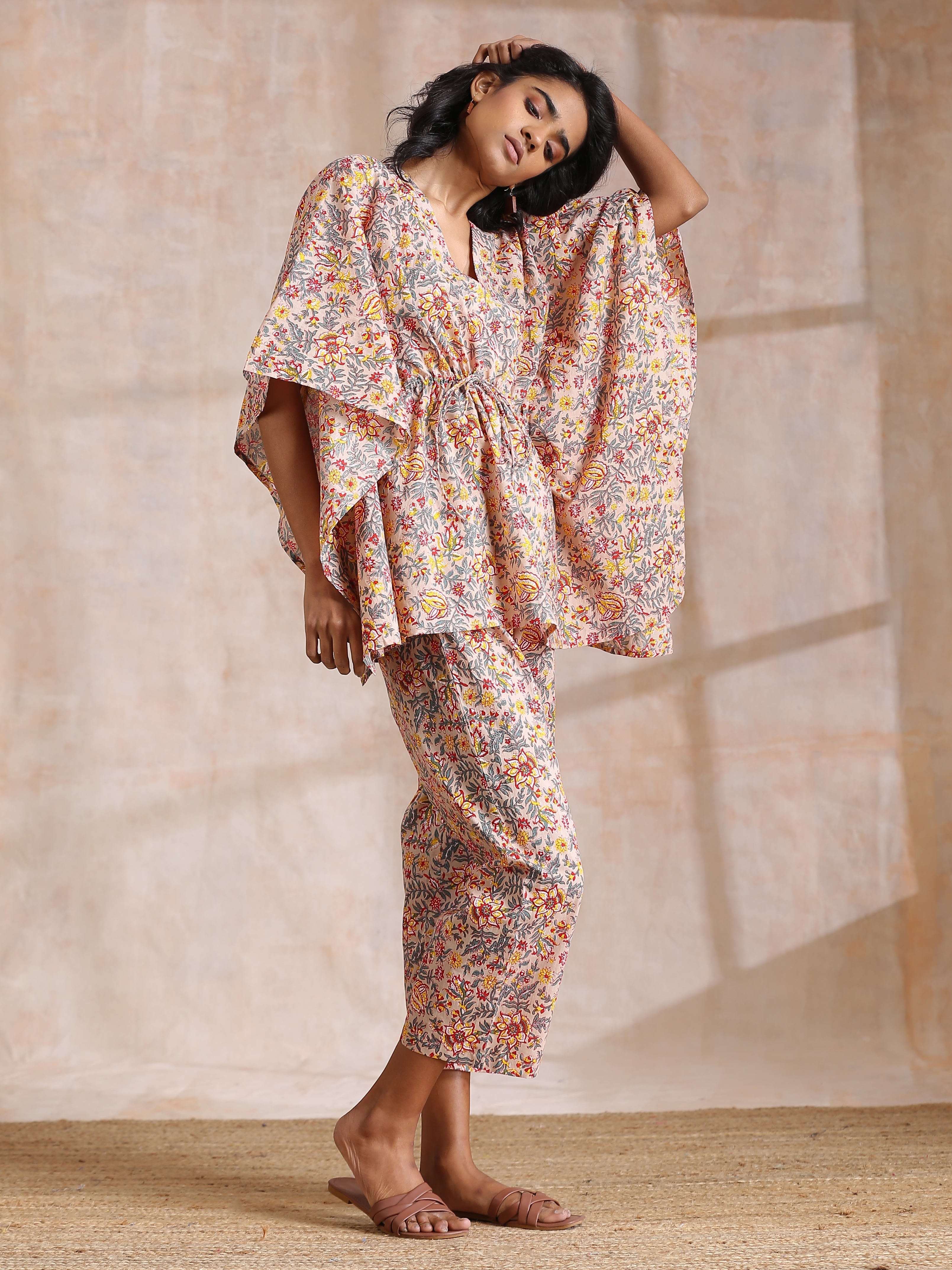 trueBrowns Multicolor Beige Overall Floral Block Print Cotton Kaftan Co-Ord Set - Distacart