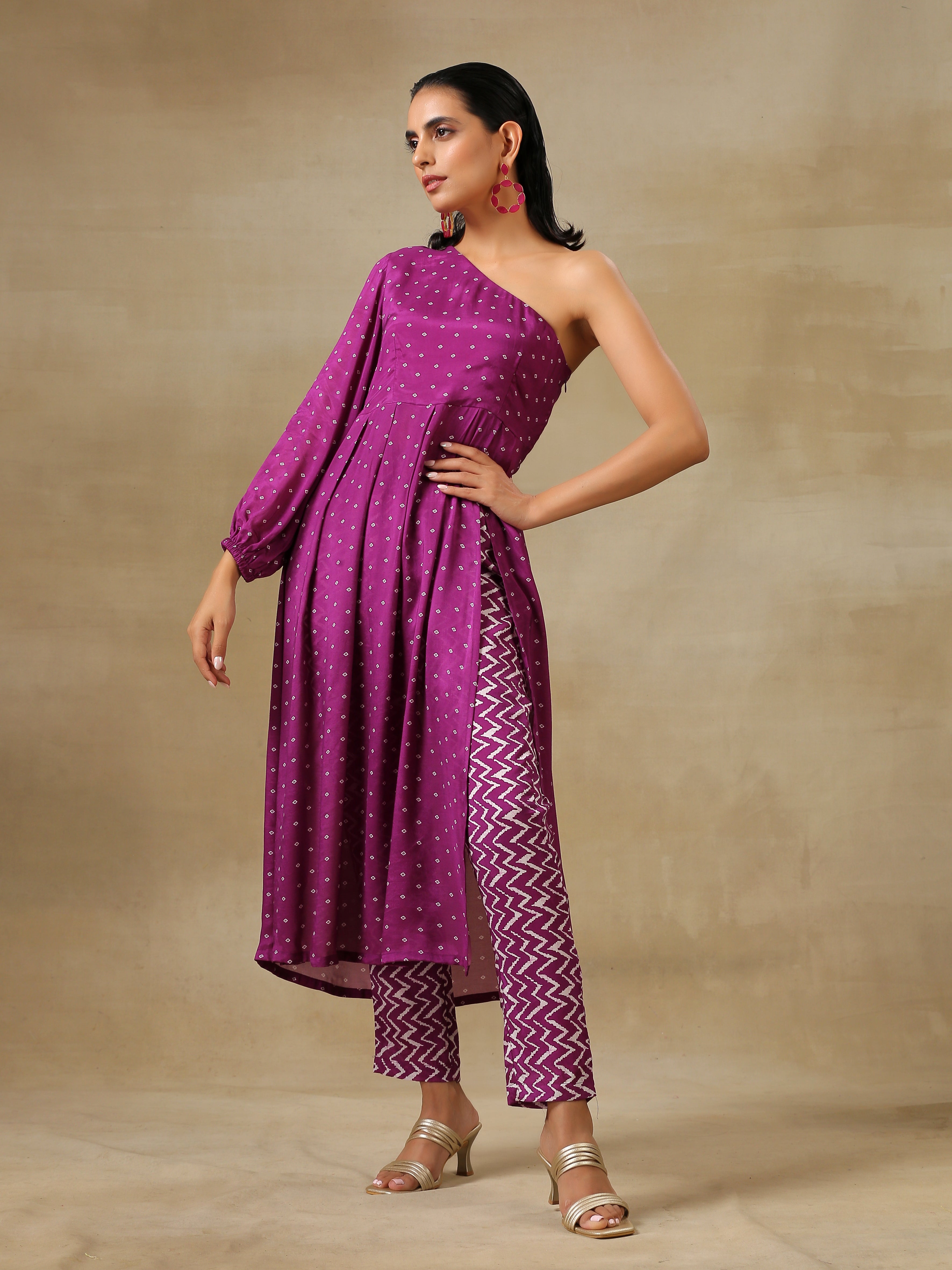 trueBrowns Purple Bandhani Printed Silk One Shoulder Kurta Pant Set - Distacart