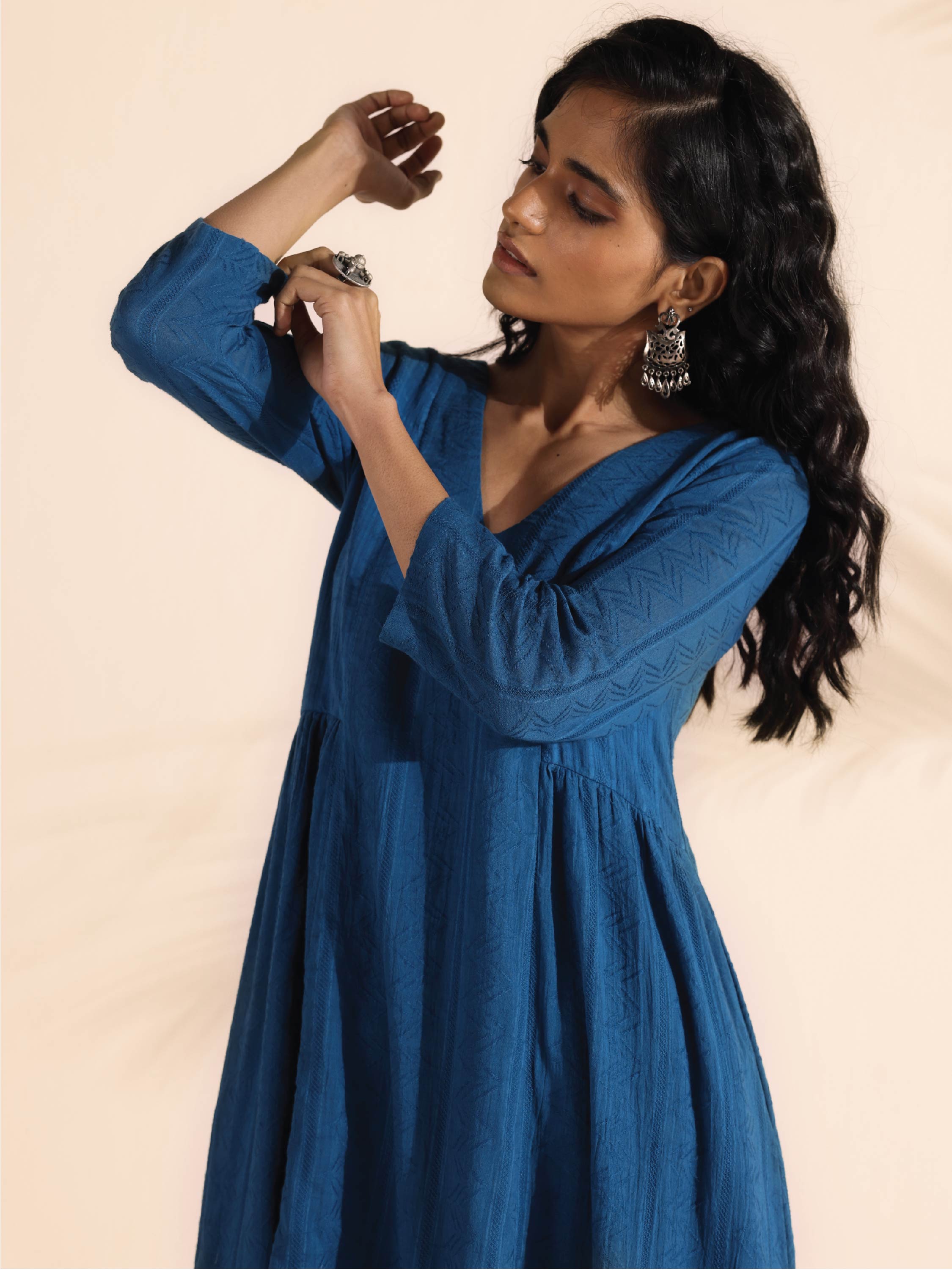 trueBrowns Blue Cotton Dobby Flared Kurta Pant Set - Distacart