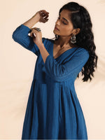 Thumbnail for trueBrowns Blue Cotton Dobby Flared Kurta Pant Set - Distacart
