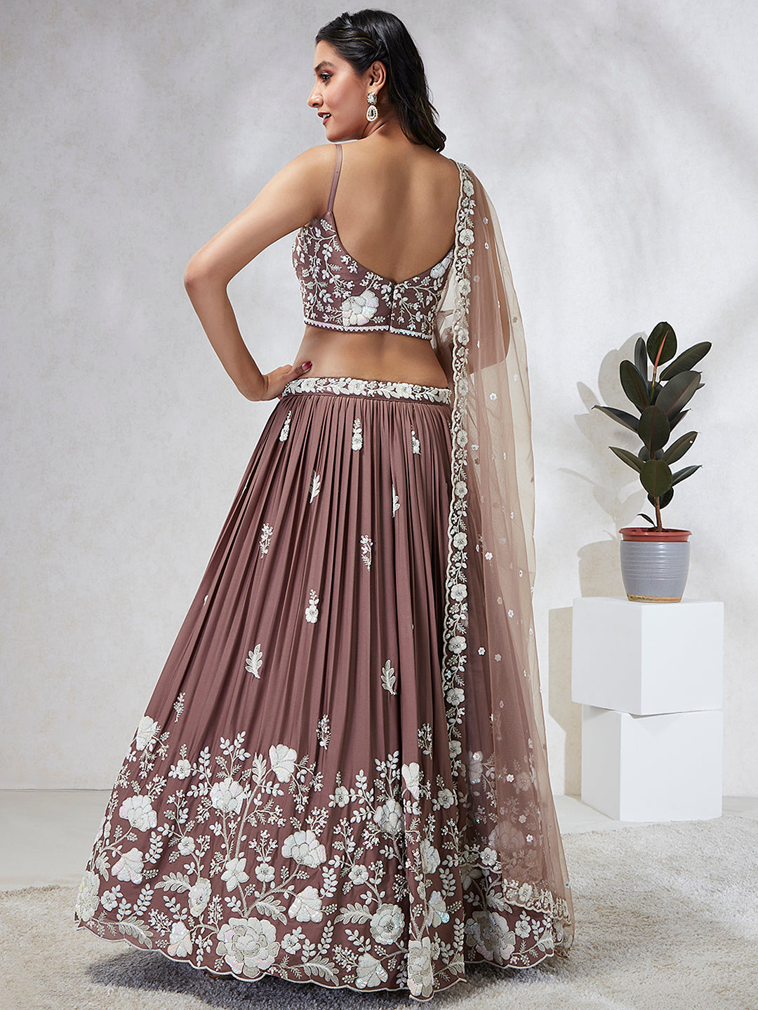 House of Panchhi Rose Gold Pure Georgette Sequins And Thread Embroidery Lehenga Choli & Dupatta - Distacart