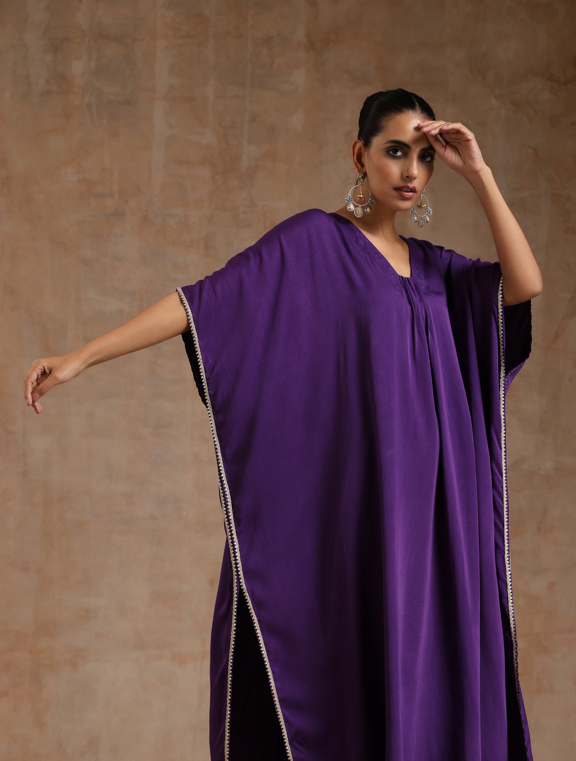 trueBrowns Violet Modal Satin Kaftan Kurta Set - Distacart