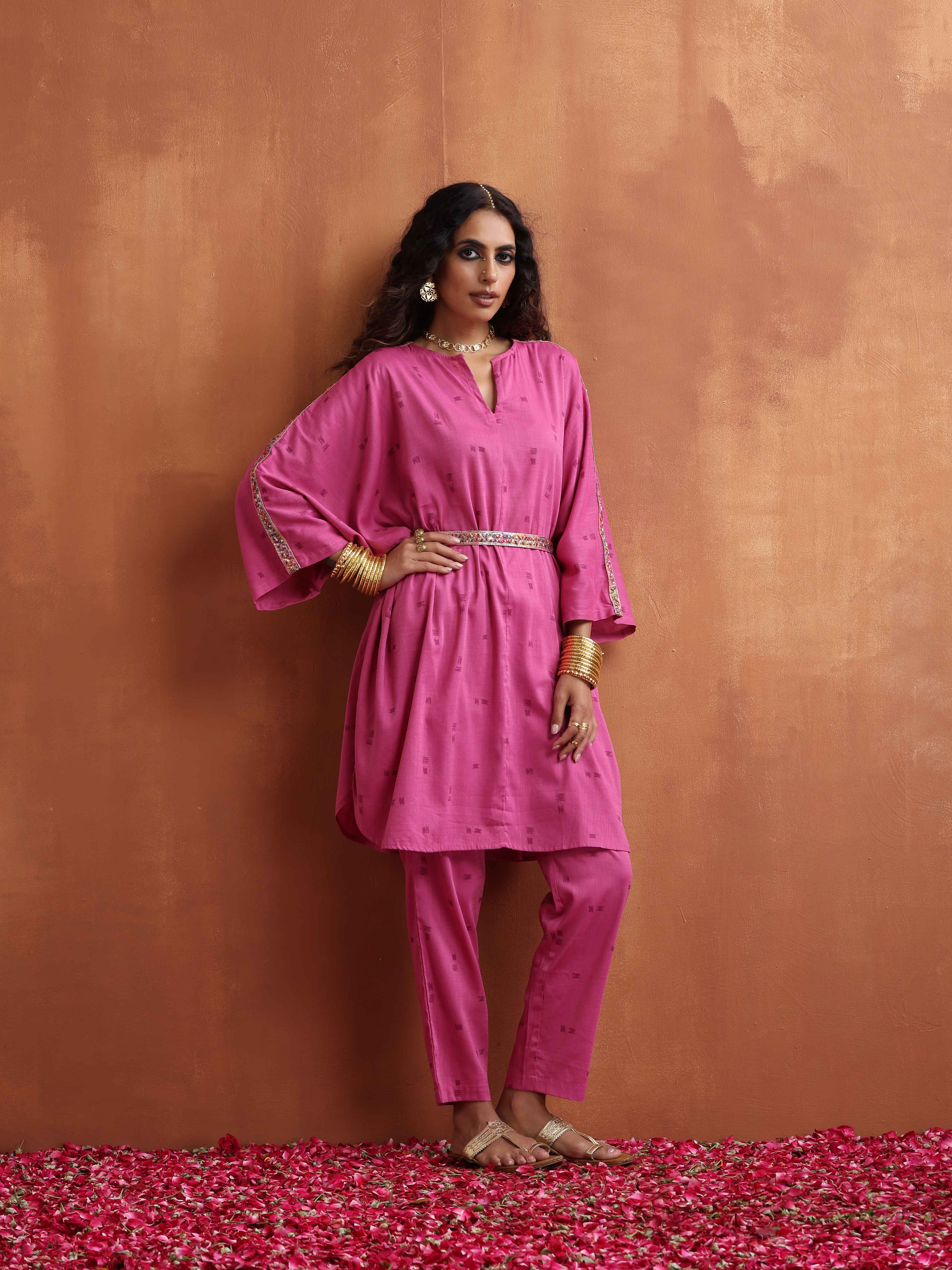 trueBrowns Pink Print Kaftan Kurta Co-ord Set - Distacart