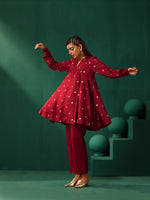 Thumbnail for trueBrowns Maroon Diamond Viscose Silk Relaxed Co-ord Set - Distacart