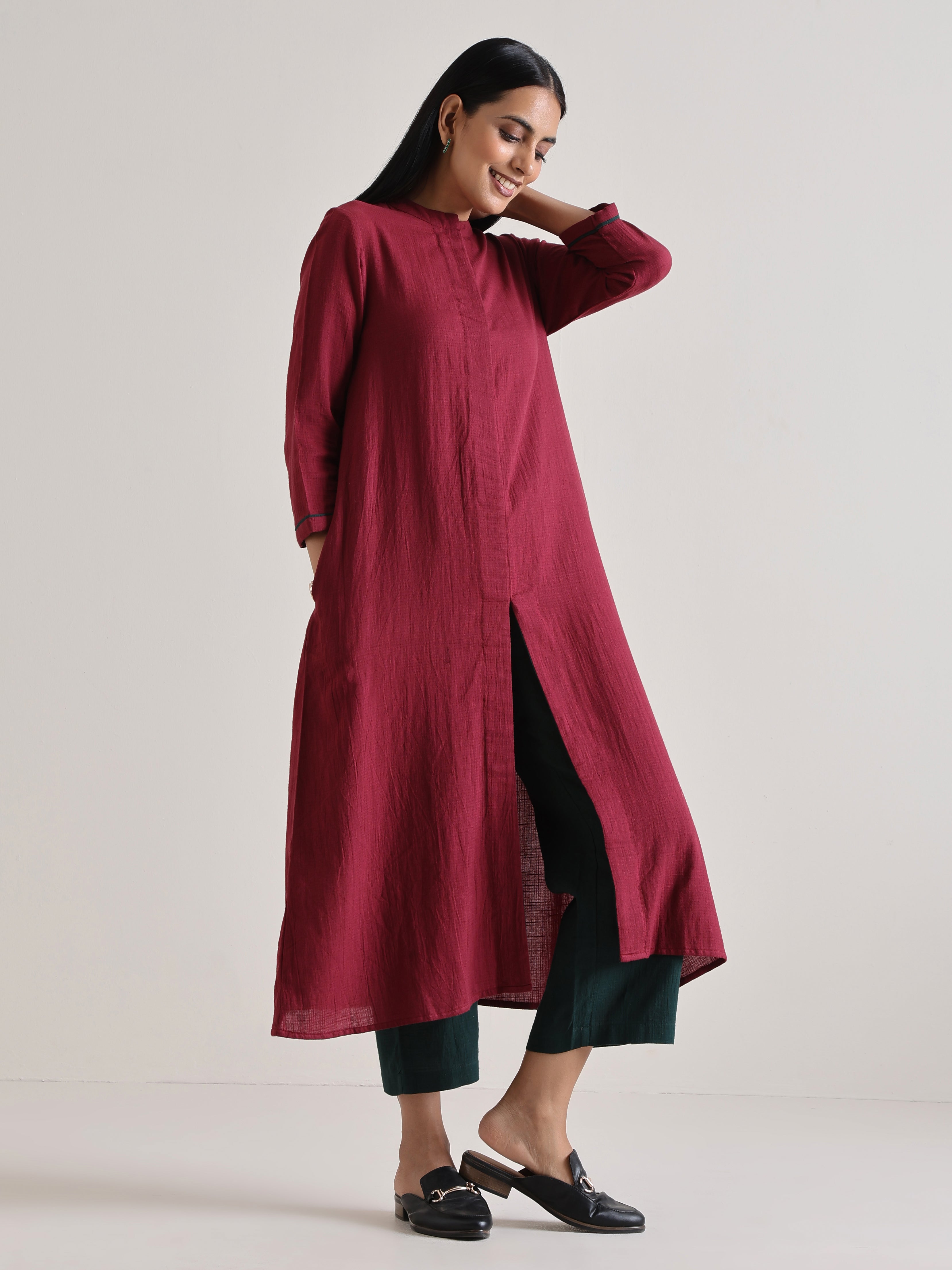 trueBrowns Maroon Placket Kurta Pant Set - Distacart