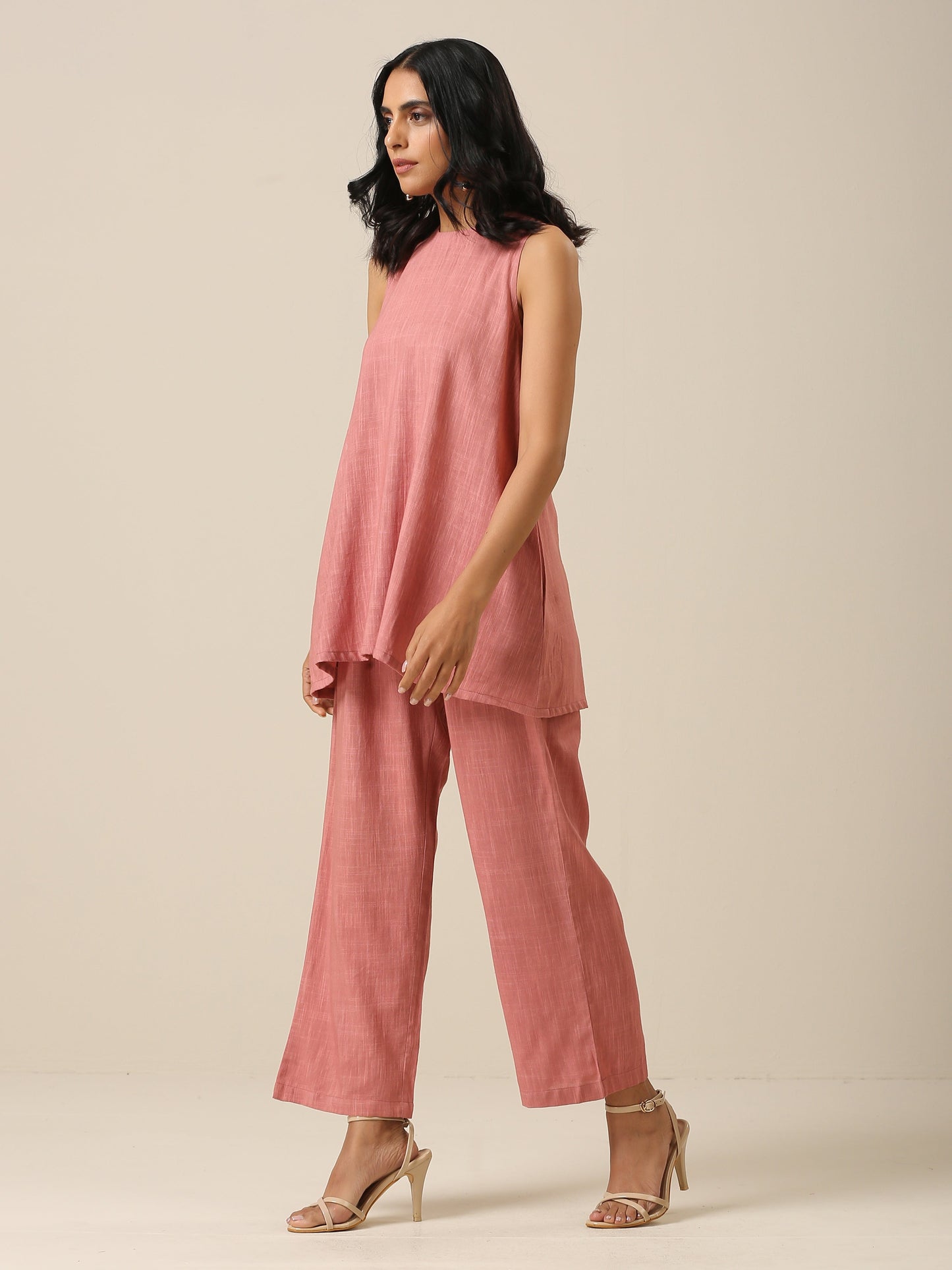 trueBrowns Light Mauve Slub Textured Sleeveless Short Co-Ord Set - Distacart