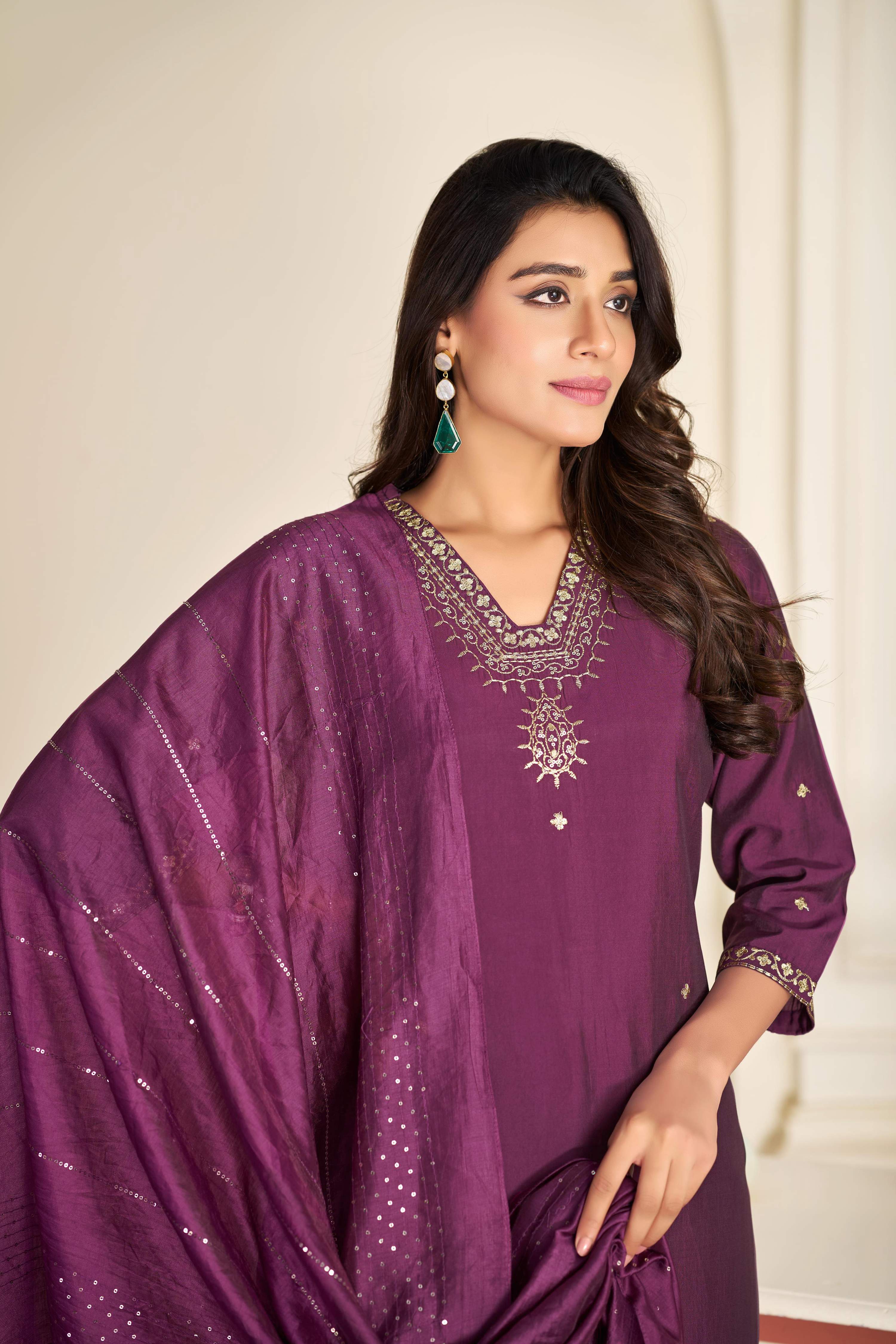 BulBul Nakshatra Wine Silk Kurta Set with Dupatta
