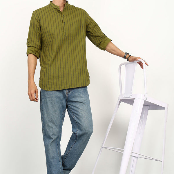Fabmade Olive Stripe Linen Kurta - Distacart