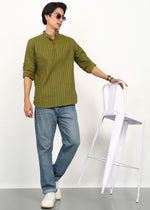 Thumbnail for Fabmade Olive Stripe Linen Kurta - Distacart