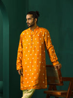 Thumbnail for trueBrowns Men's Mustard Geometric Floral Viscose Silk Long Kurta - Distacart