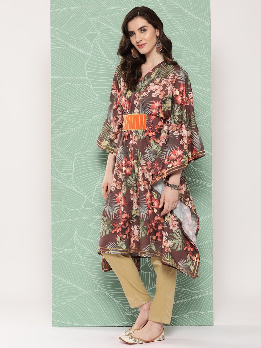 Ahalyaa Women Floral Printed Flared Sleeves Gotta Patti Crepe Kaftan Kurta - Distacart