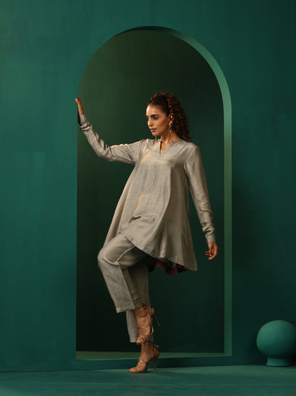 trueBrowns Grey Silk Flared Co-ord Set - Distacart