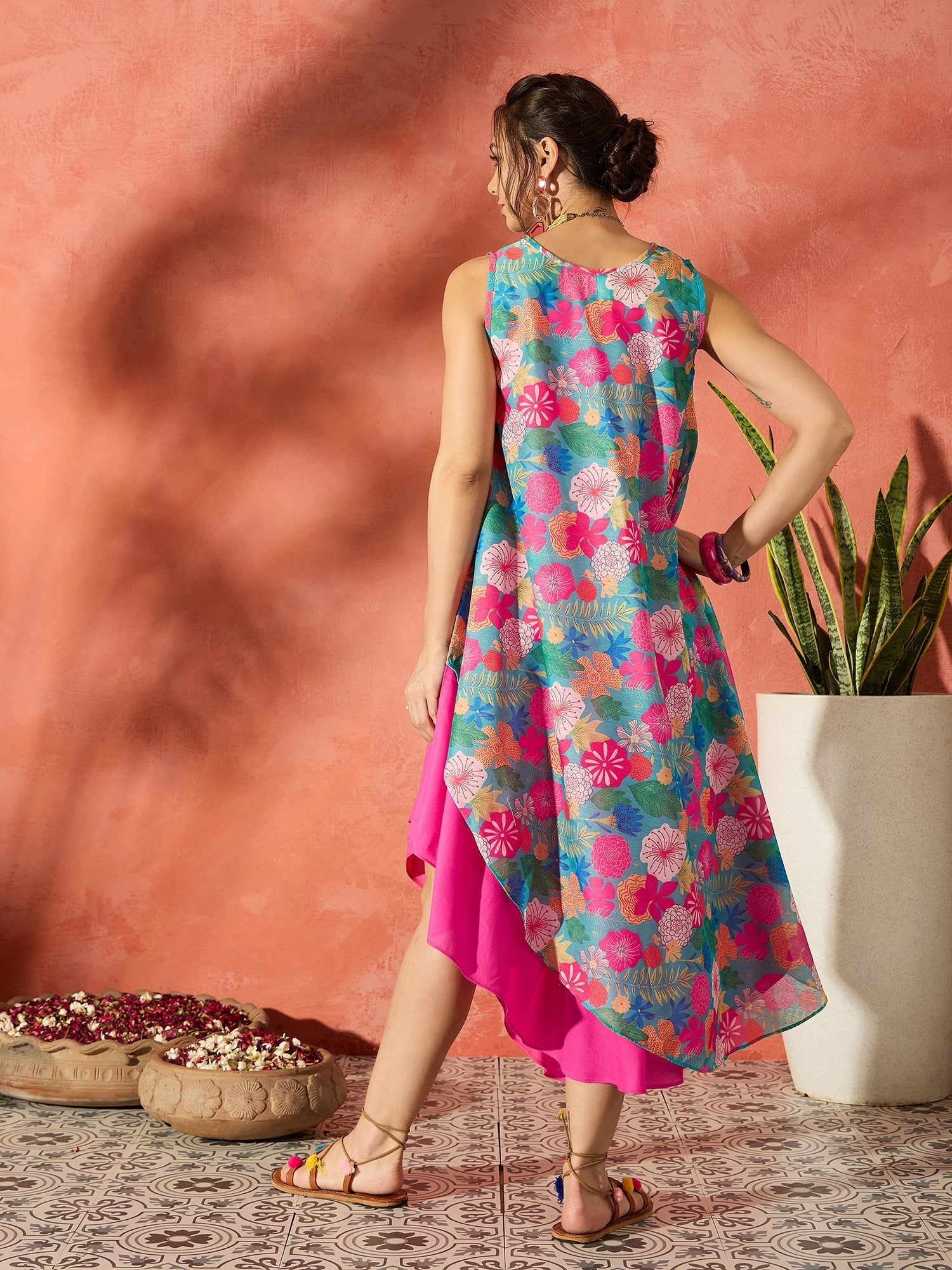 InWeave Blue Floral Fuchsia Asymmetrical Dress