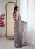 Thumbnail for Evanik Grey Mos Silk With Handwork Butterfly Design Saree With Unstitched Blouse