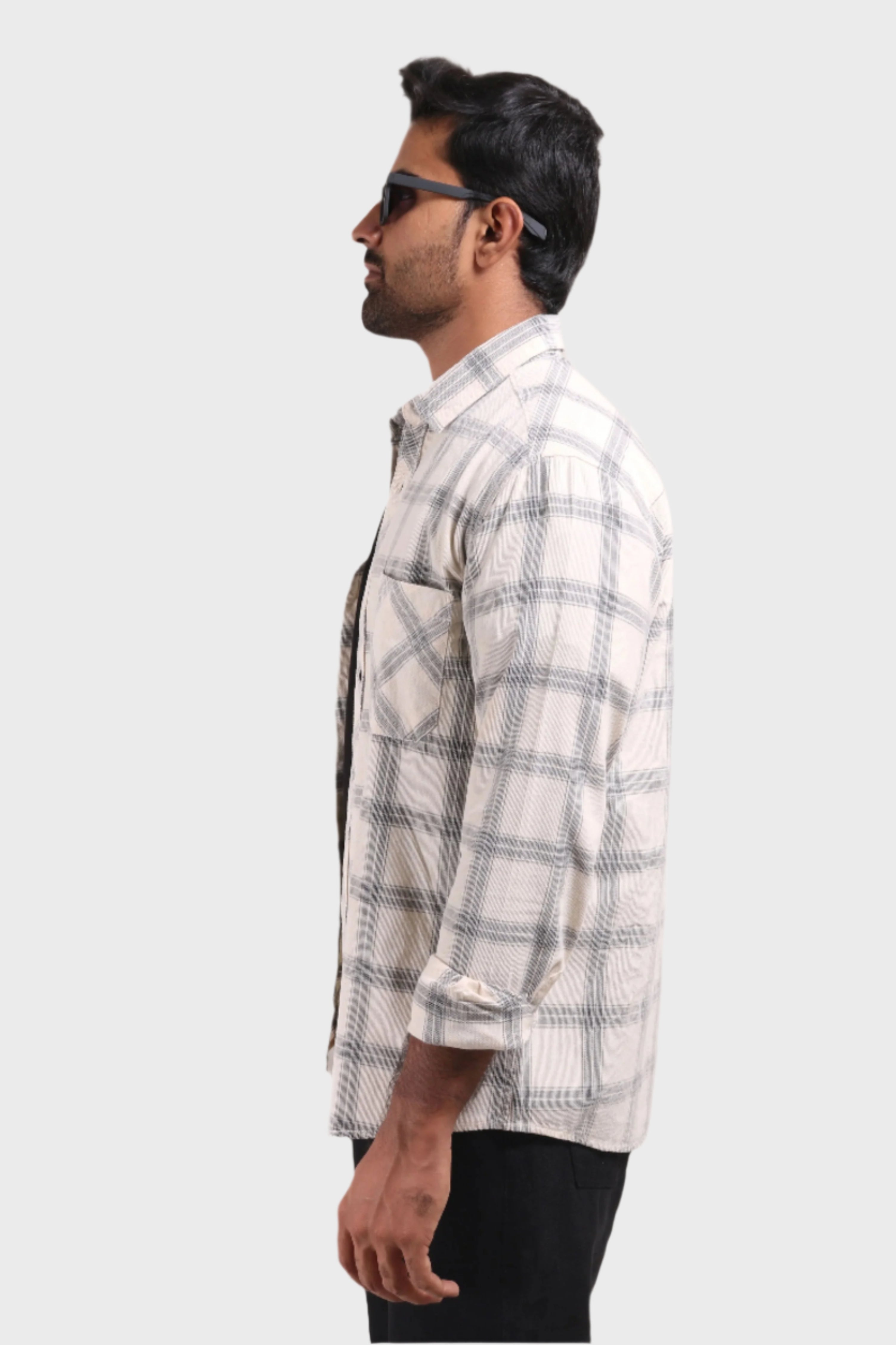 Jonesburg Off White Checks Fine Corduroy Regular Fit Shirt