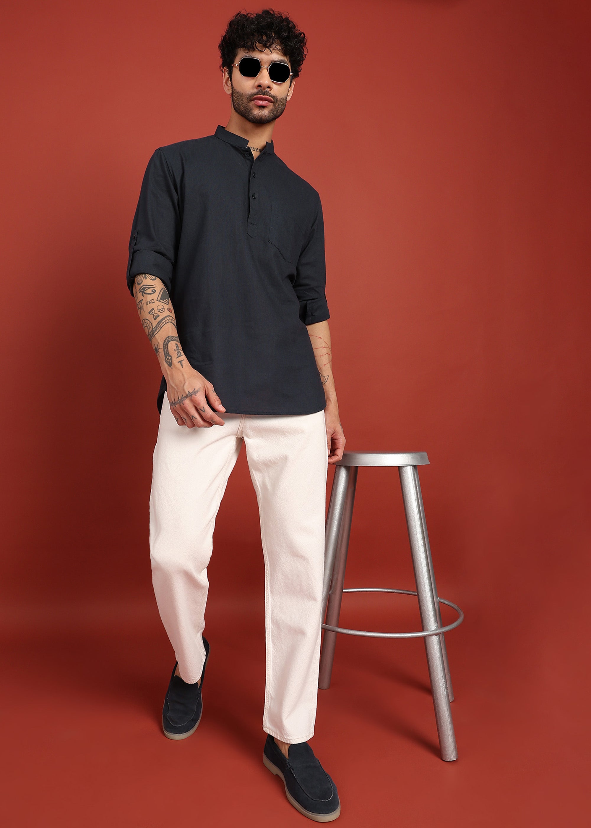 Fabmade Onyx Noir Mandarin Collar Short Kurta - Distacart