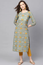 Thumbnail for Ahika Green & Mustard Yellow Rayon Blend Printed Straight Kurta