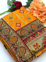 Thumbnail for Lorenvalley Fashion Premium Yellow Vichitra Silk Embroidery and Diamond work Both Side Saree - Distacart