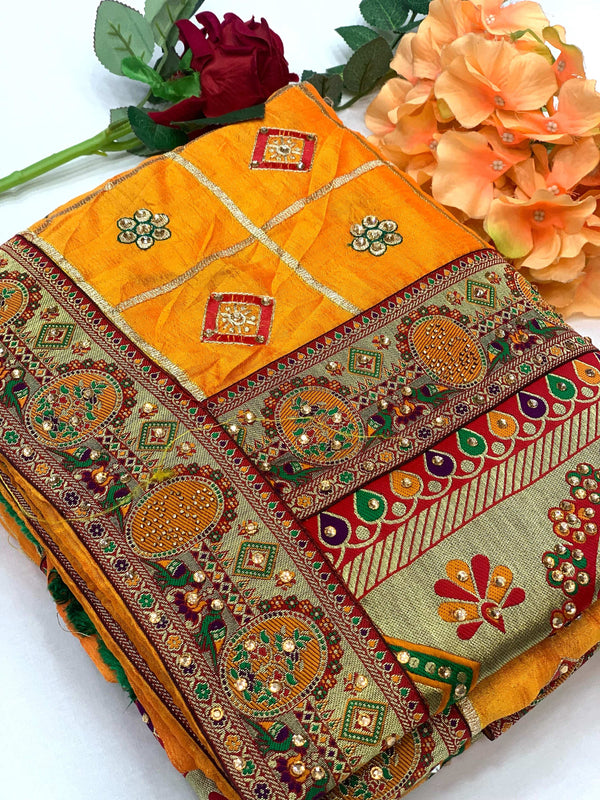 Lorenvalley Fashion Premium Yellow Vichitra Silk Embroidery and Diamond work Both Side Saree - Distacart