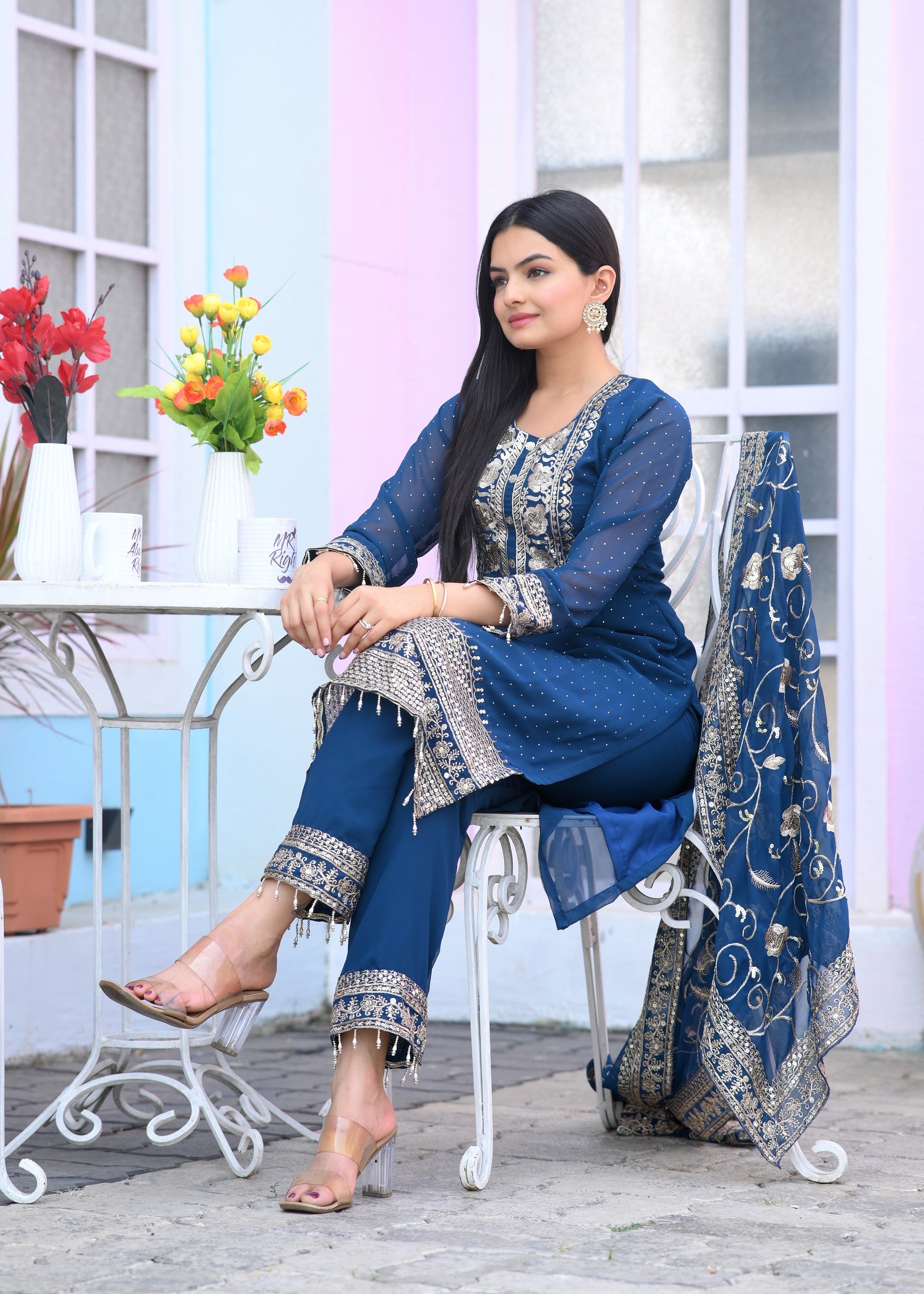 Teeya Creation Blue Color Faux Georgette Silk Heavy Embroidery Work Fully Stitched Salwar Suit