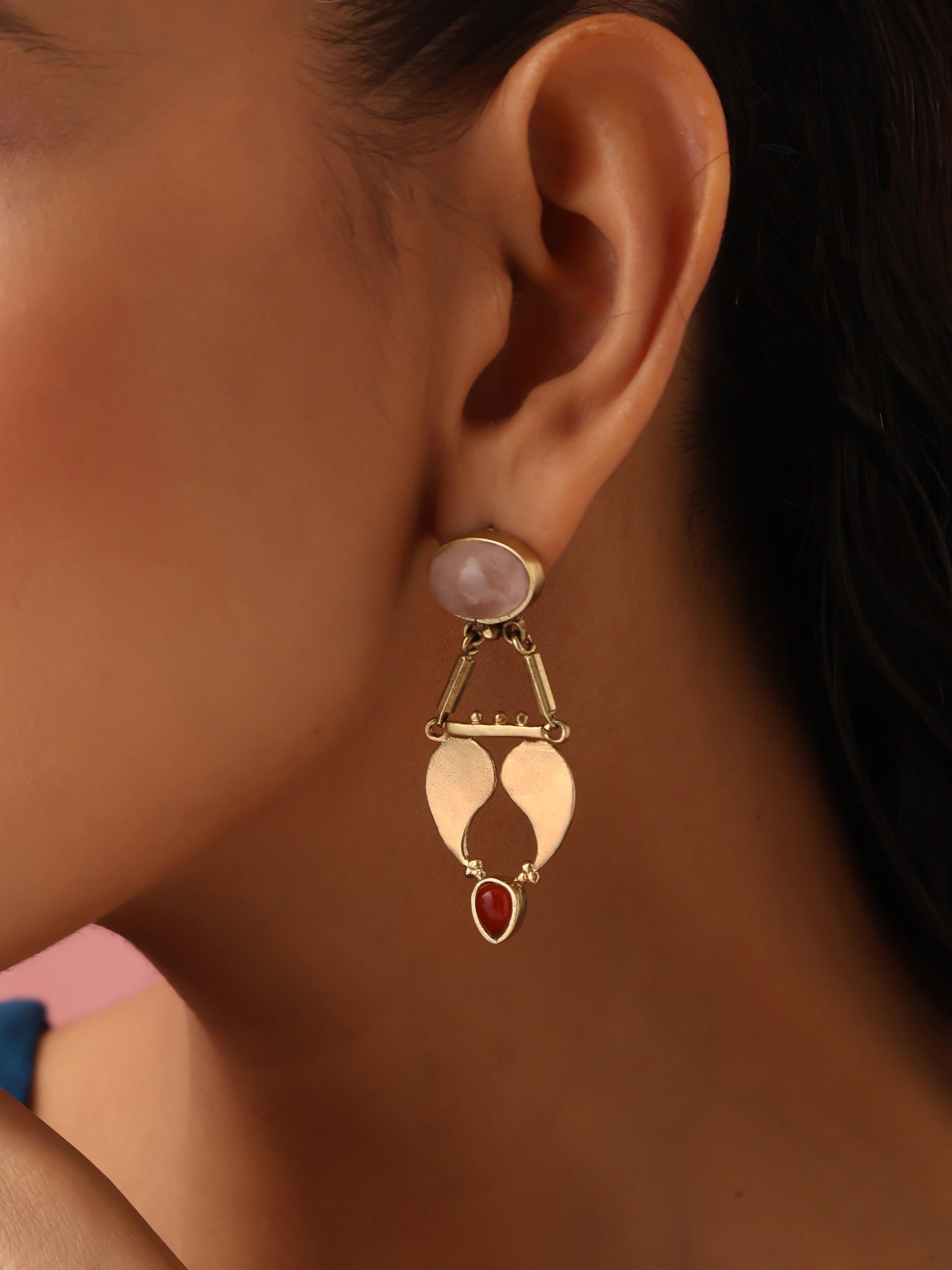 trueBrowns Brass Pink Stone Paisley Earrings - Distacart