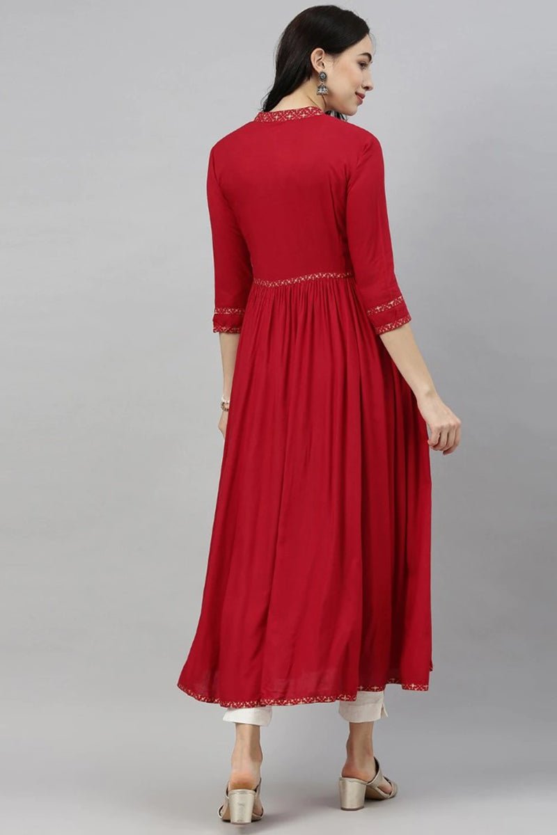 Ahika Red Cotton Flared Kurta