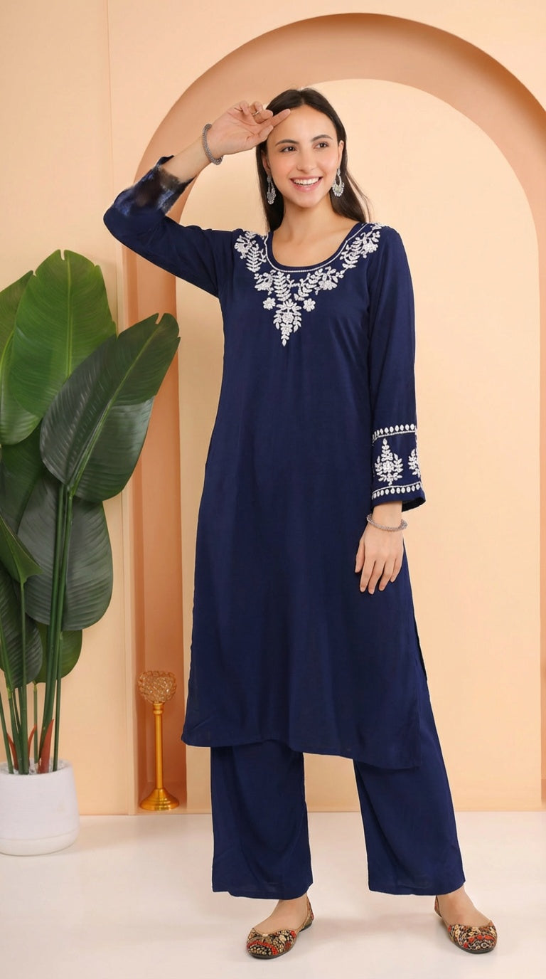Gharana India Ishq Luxury Rayon 2Pc Navy Blue Chikankari Kurta Set - Dista