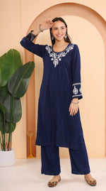 Thumbnail for Gharana India Ishq Luxury Rayon 2Pc Navy Blue Chikankari Kurta Set - Dista