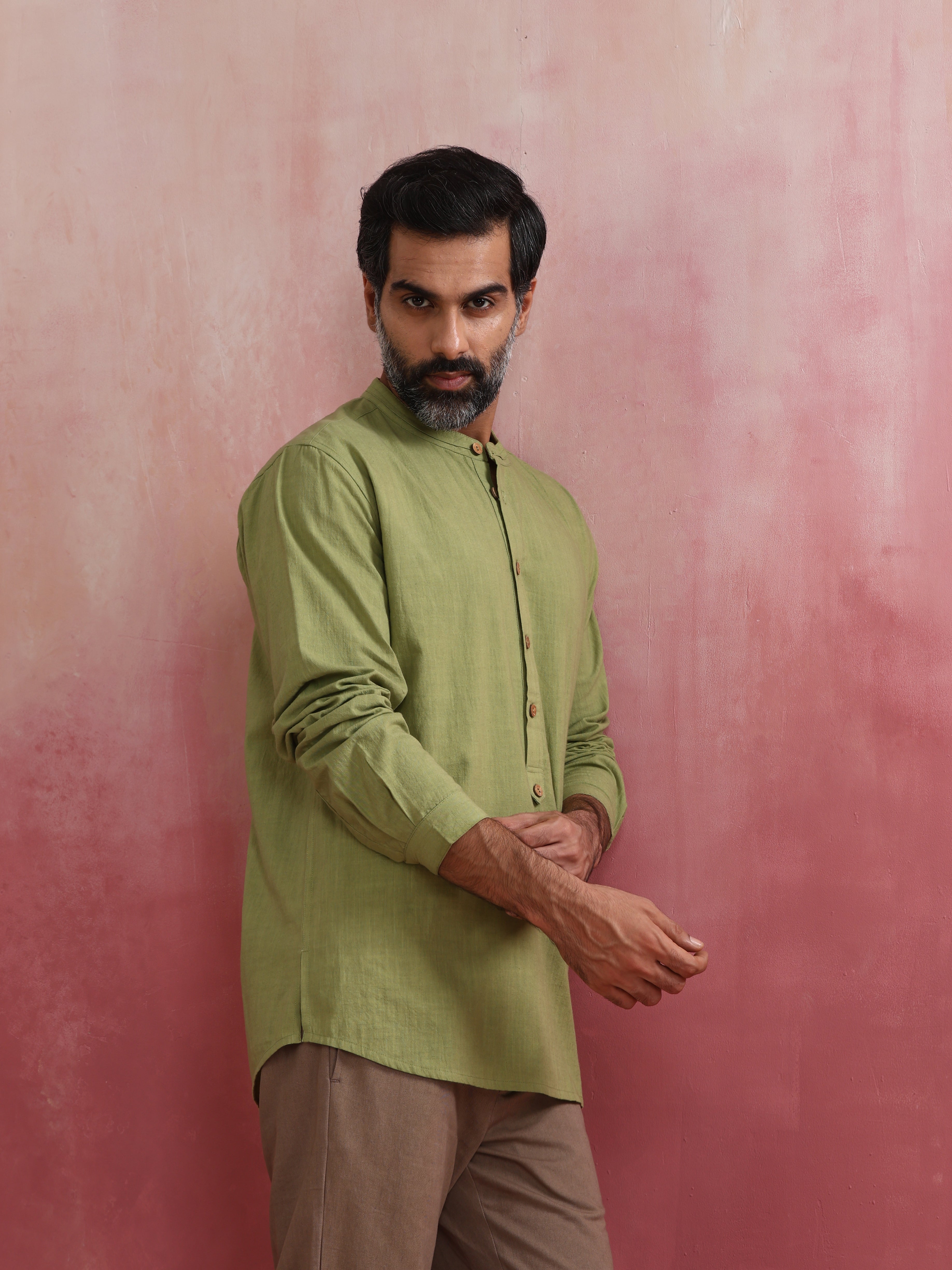 trueBrowns Men's Pista Green Cotton Mandarin Collar Stylized Kurta - Distacart