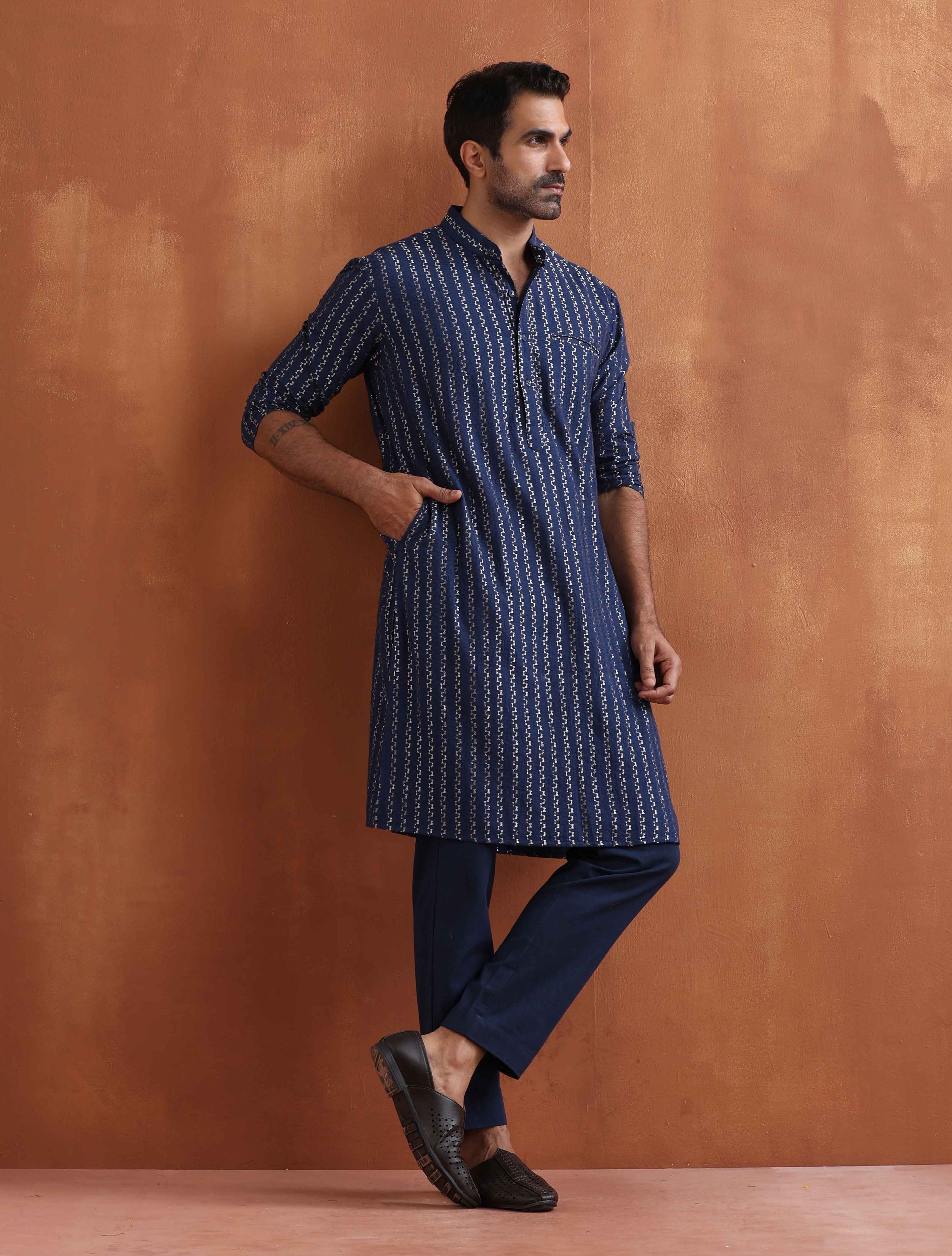trueBrowns Men's Blue Cotton Dobby Kurta
